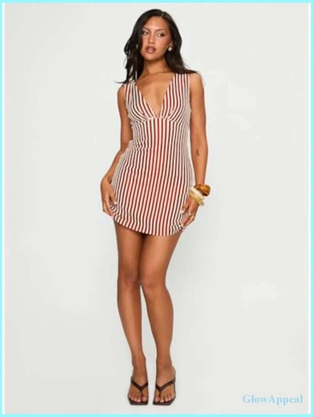 Plunge Stripe Mini Dress with Ruched Bust, Zip Side